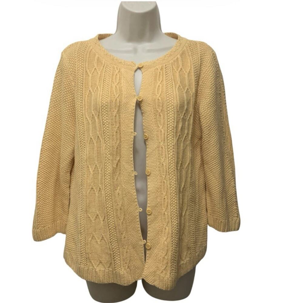 Christopher & Banks Yellow Cable Knit Cardigan Ramie Cotton 3/4 Sleeve M